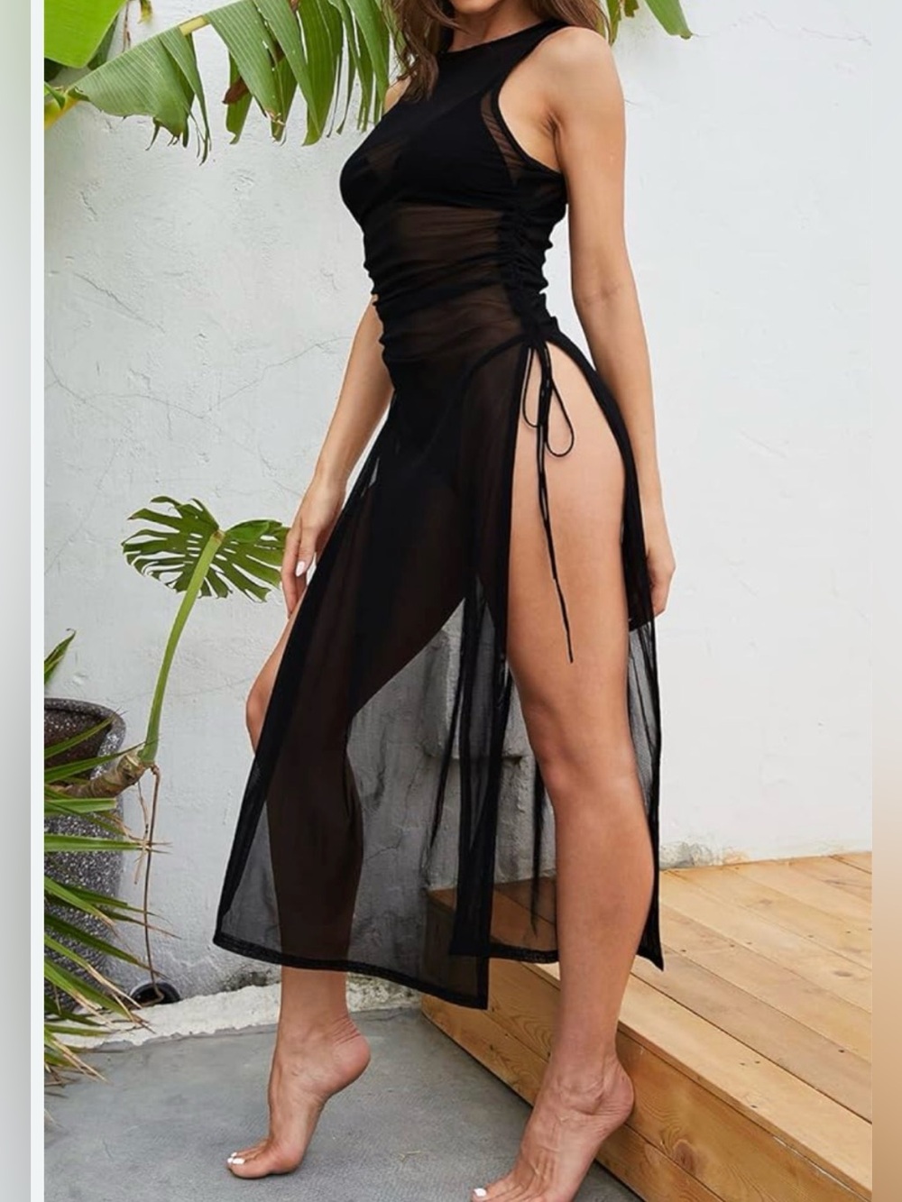 Sheer Black Side-Slit Beach Cover-Up Dress